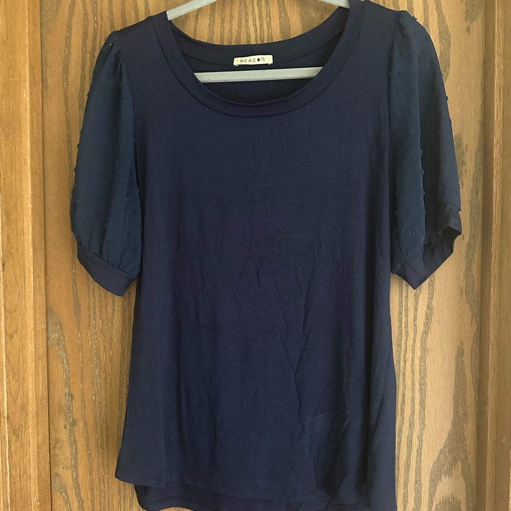 Beacon Navy Short Sleeve Top with puffy sheer sleeves